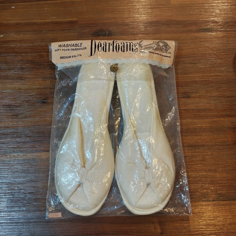 Vintage‎ 1960s Dearfoams Slipper Innersole Satin 6.5-7.5 Washable Peep Toe Ivory